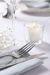 Beautiful table setting with floral decor, closeup