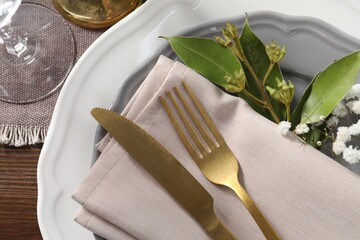 Beautiful table setting with floral decor, top view