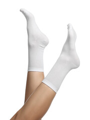 Woman in stylish socks on white background, closeup