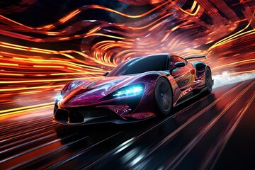 Holographic Car Racing in Digital Landscape, hologram, race, virtual, track