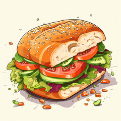 sandwich with salmon and greens drawn 2