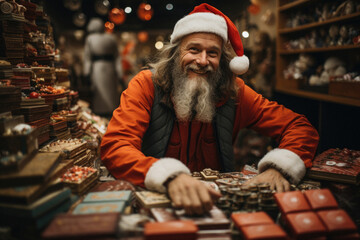 Portrait of a senior man in Santa Claus clothes. He is sitting at a counter in a shop.