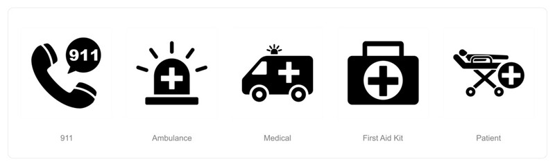A set of 5 Emergency icons as 911, ambulance, medical
