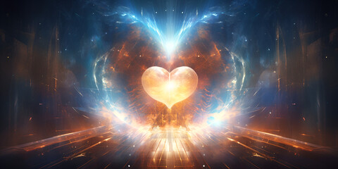 heart of fire, Esoteric love world earth,sun light flares on cosmic space nebula starry sky, The energy of the universe source of spirituality life force prana the mind of god generative ai

