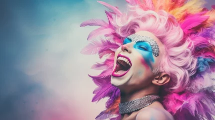 Fotobehang Elegant woman screaming in carnival mask on pastel background with copy space, studio shot © Ilja