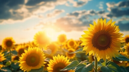 Obraz premium Golden sunrise over a blooming sunflower field, radiating warmth and vitality.