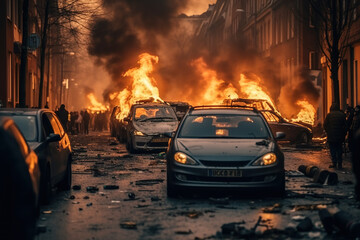Cars in flames during the protests on city street.