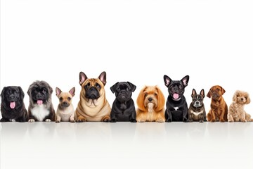 Assorted dogs of different breeds, big and small, isolated on white background, studio shot