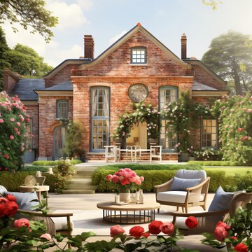 mural painting wallpaper of old English manor with garden