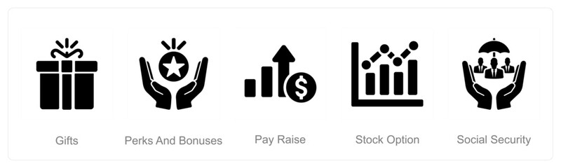 A set of 5 Employee Benefits icons as gifts, perks and bounses, pay raise