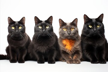Assorted cat breeds, big and small, on white backgroundhigh quality studio shot with copy space.
