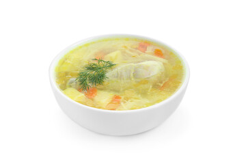 Delicious chicken broth in bowl isolated on white