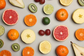 Different ripe fruits on light gray background, flat lay