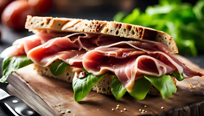 Zelfklevend Fotobehang Tasty cured meats, italian prosciutto sandwich - set composition of food photography. © Myvector