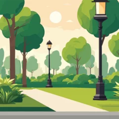 Foto op Canvas City summer park with green trees bench, walkway and lantern. Town and city park landscape nature. Cartoon vector illustration © Mahandika