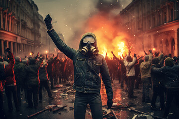 Hooded man wearing gas mask protesting on the street with fist raised in air in front of burning protest. - obrazy, fototapety, plakaty