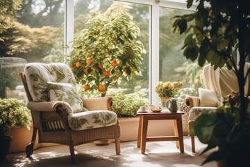 Fototapeta premium Relaxation room in a modern hospital with comfortable armchairs. A cozy, bright, comfortable premises in a modern clinic with indoor plants, where patients can relax or chat with visiting relatives.