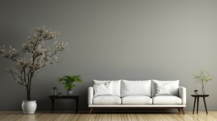 Empty minimalist living room in modern apartment. Grey walls, hardwood floor, comfortable white couch, coffee table, indoor plants in ceramic pots, beautiful light from large window. Mockup.