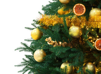 Obraz na płótnie Canvas Beautiful Christmas tree decorated with ornaments isolated on white