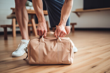 Cropped shot of fit sporty man in sportswear with gym bag wearing shorts and sneakers getting ready for exercise session at gym.
