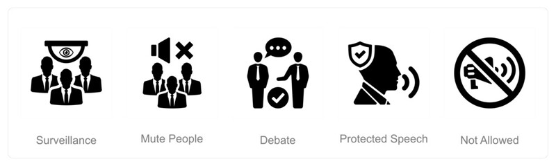 A set of 5 Freedom of Speech icons as surveilliance, mute people, debate