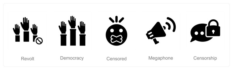 A set of 5 Freedom of Speech icons as revolt, democracy, censored