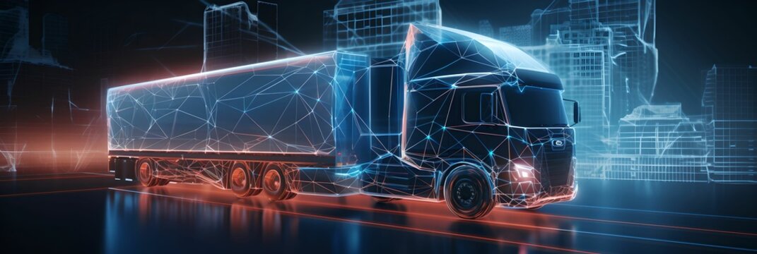Stylized Digital Grid Delivery Truck with 3D Delivery Truck in Abstract Background, blurred lines, wireframes, motion, technological advancement
