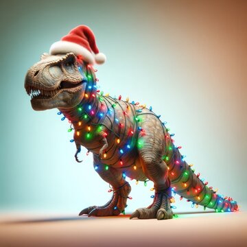 Festive tyrannosaurus rex in a santa hat playfully entangled in a string of vibrant christmas lights