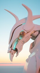 Obraz premium Side profile of a futuristic robot head with neon glow emanating from its mouth against twilight