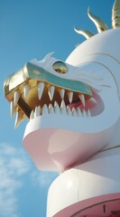 Fototapeta premium Majestic golden dragon statue soaring against the backdrop of a clear blue sky