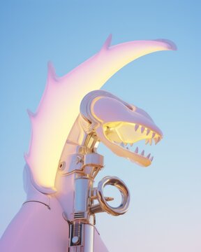 A 3d render of a futuristic dragon head with intricate mechanics and glowing neon accents against a blue sky
