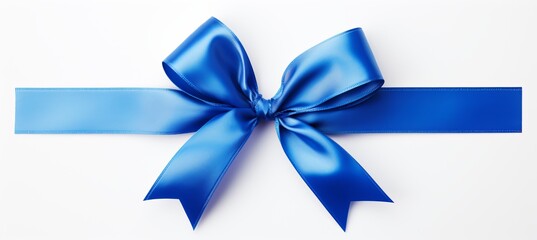 Blue ribbon bow on straight ribbon for banner, isolated on white background with copy space