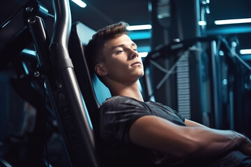 Handsome young man resting on exercise machine after training at gym. - Powered by Adobe