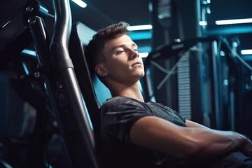 Foto op Plexiglas Handsome young man resting on exercise machine after training at gym. © Bojan