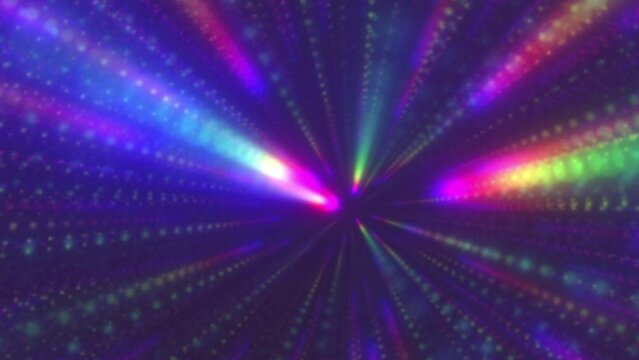 Disco ball rays VJ loop for intro, opening video. Prismatic beams of light. Dark violet backdrop. Rotating glowing neon rainbow particles. Holographic background 4K. Yellow green blue pink purple flow