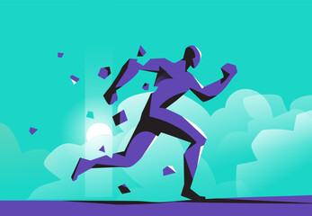 A running man crumbles and loses pieces as the sun rises in the background.