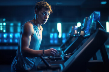 Fototapeta na wymiar Young man in sportswear running on treadmill at gym. Late male teenager running on treadmill.