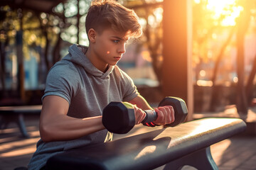 Beautiful teenage boy in sportswear with modern hairstyle lifting dumbbells outdoors at sunset.