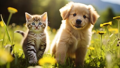 Naklejka na ściany i meble Adorable kitten and dog playing on sunny lawn with blurred background and text placement