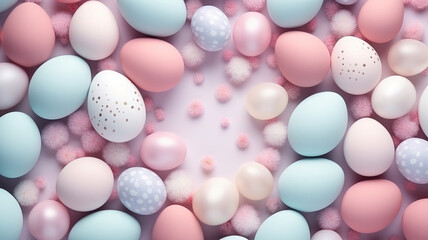 Easter eggs in pastel colors flatlay copy space background for product placement mockup decorated...