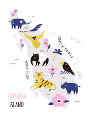 Sumatra hand drawn map with funny animals. Cartoon illustration of Indonesian island. Travel poster, postcard, banner