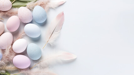 Obraz na płótnie Canvas Easter eggs in pastel colors flatlay copy space background for product placement mockup decorated with spring flowers and herbs.