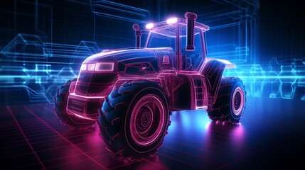 Dynamic Abstract Background with Digital Grid Tractor, blurred, lines, wireframe, futuristic - obrazy, fototapety, plakaty