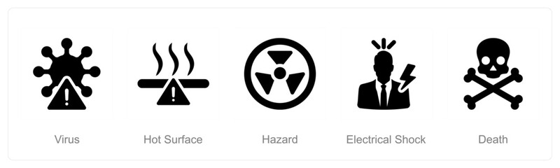 A set of 5 Hazard Danger icons as virus, hot surface, hazard