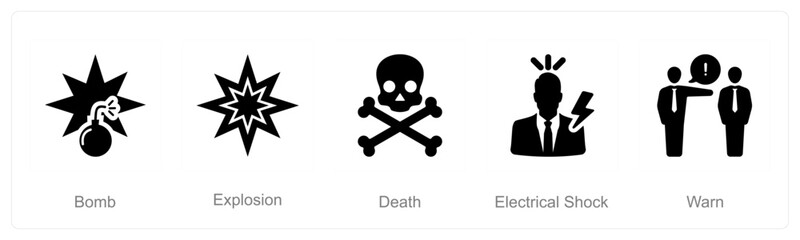 A set of 5 Hazard Danger icons as bomb, explosion, death, electrical shock