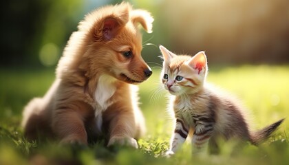 Cheerful kitten playing with dog on sunny lawn, blurred background and copy space for text placement