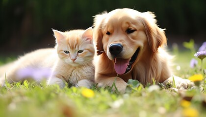 Kitten and dog playing on lawn in bright summer day with blurred background and copy space