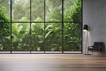 Empty glass room with tropical green plant wall background 3d render, There are wooden floor and concrete wall decorate with white fabric louge chair. generative ai.