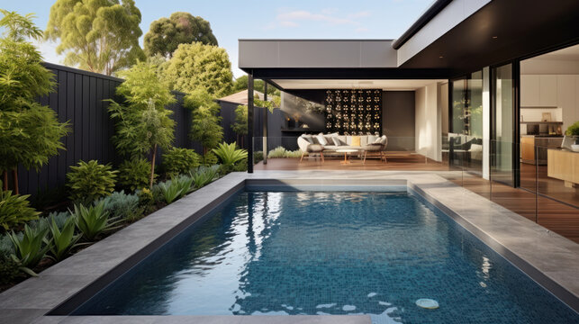 Beautiful blue pool in residential backyard surrounded by large palm trees and a blue sky. Great for designers and virtual staging