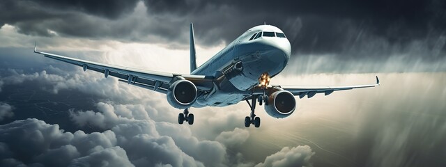 Airplane is flying through a turbulence in the sky with dangerous storm - obrazy, fototapety, plakaty